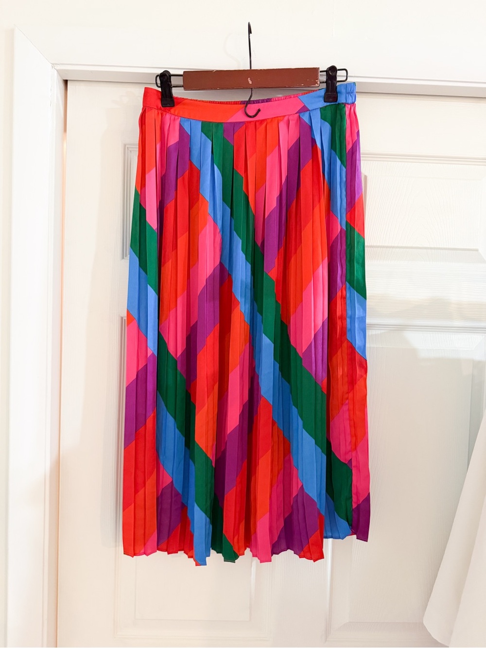 Bold Diagonal Colorblock Pleated Maxi Skirt - Red, Pink, Blue & Green